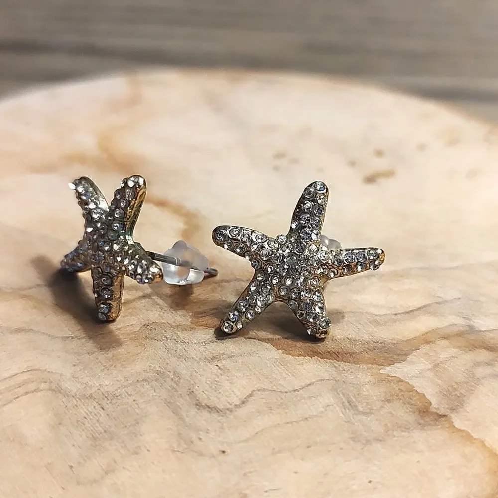 Gold Tone Rhinestone Sparkle Sea Star Pierced Earrings